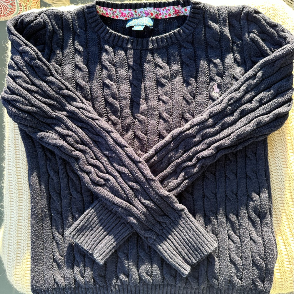 Ralph Lauren girls crewneck cable sweater. Navy. Size large, 12-14.